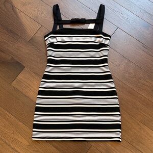 black comfort dress sandals The Christina Sweater Dress: Black & White Striped Bodycon Midi Dress Large